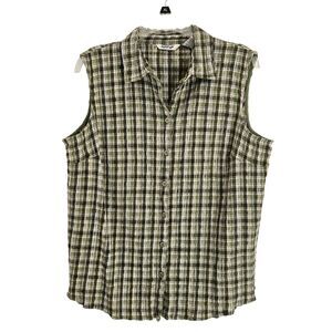 Krazy Kat Shirt Womens 1x Green White Crinkle Plaid Button Up Stretch Top